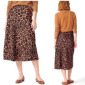 NWT J.Crew Pull On Slip Skirt Leopard Animal Print Midi Knee Silky Elastic Sz S